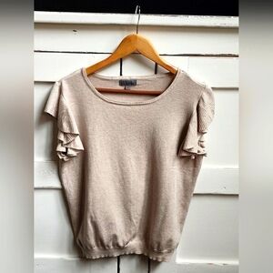 Joseph A Women's Tan Ruffled Flutter Short Sleeve Knit Sweater | Size Large